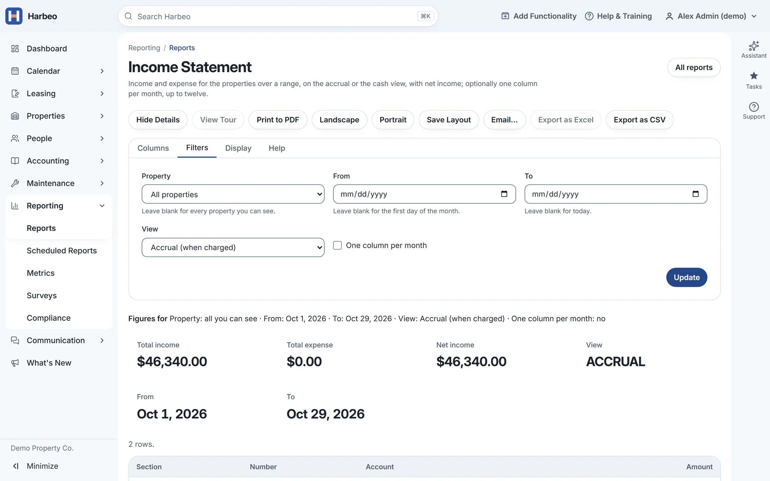 The income statement with sample data: total income $46,340, total expense $0 and net income $46,340 on the accrual view for October 2026.