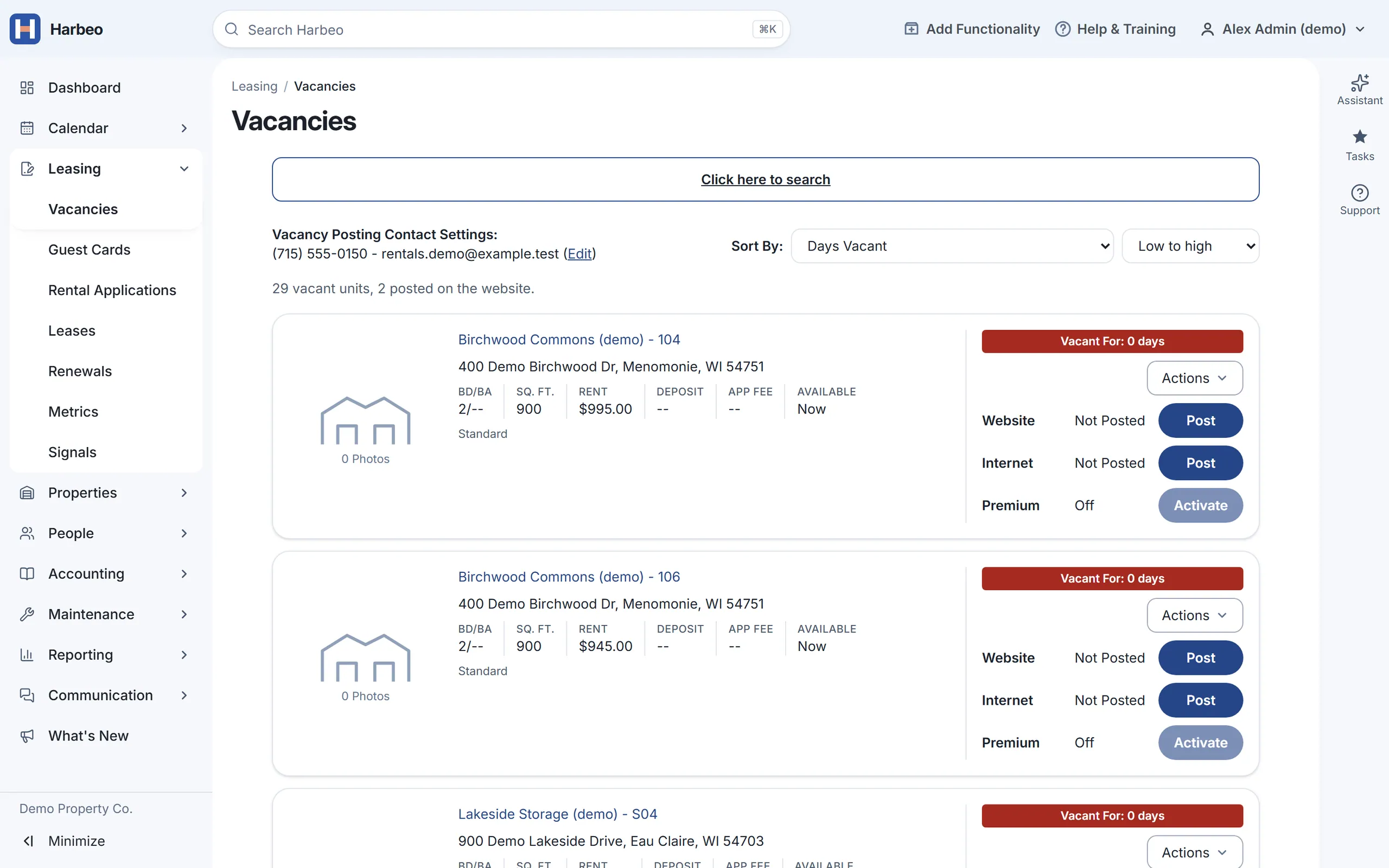 The vacancies list with sample data: vacant units with address, bedrooms, square feet, rent and availability, and Post buttons that put the unit on the public listings page and feed.