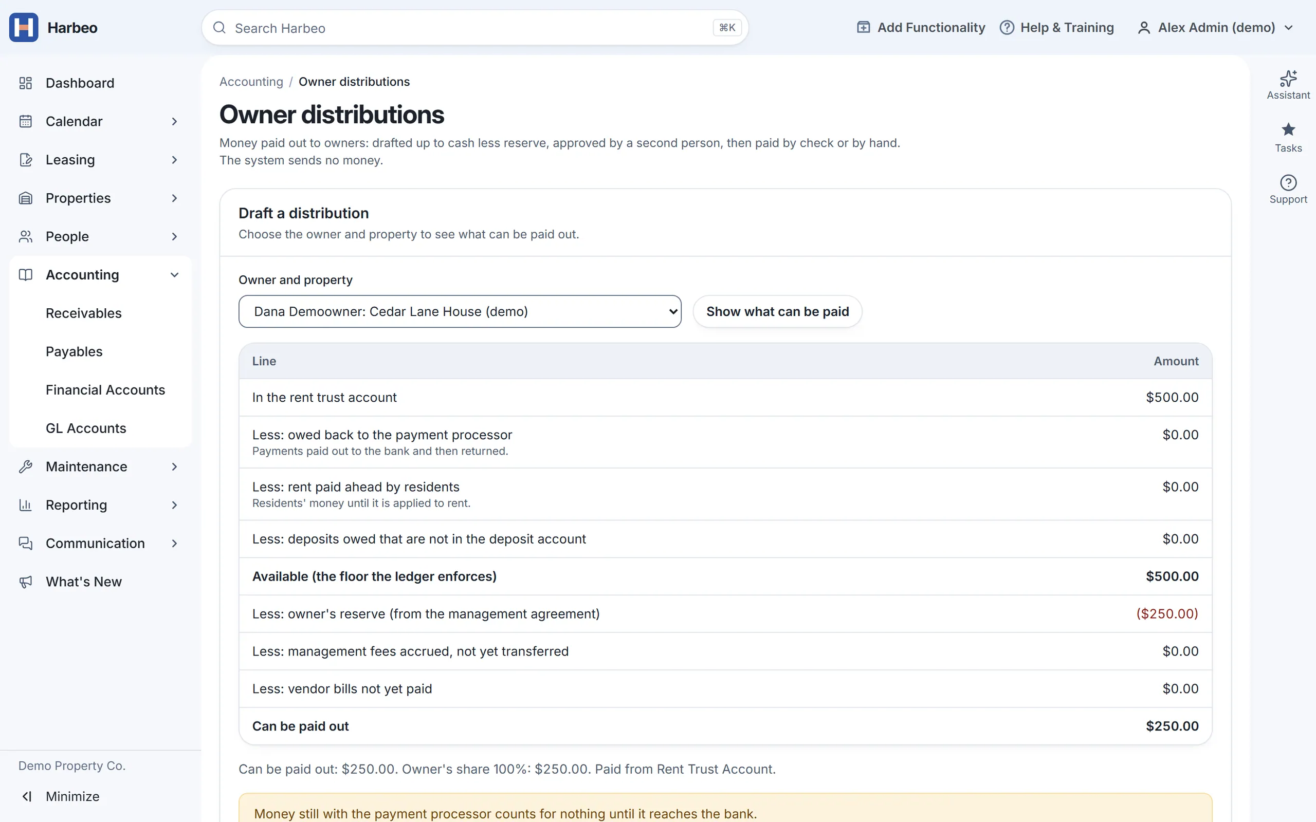 Drafting an owner distribution with sample data: $500 in the rent trust account, less a $250 owner's reserve, leaves $250 that can be paid out.