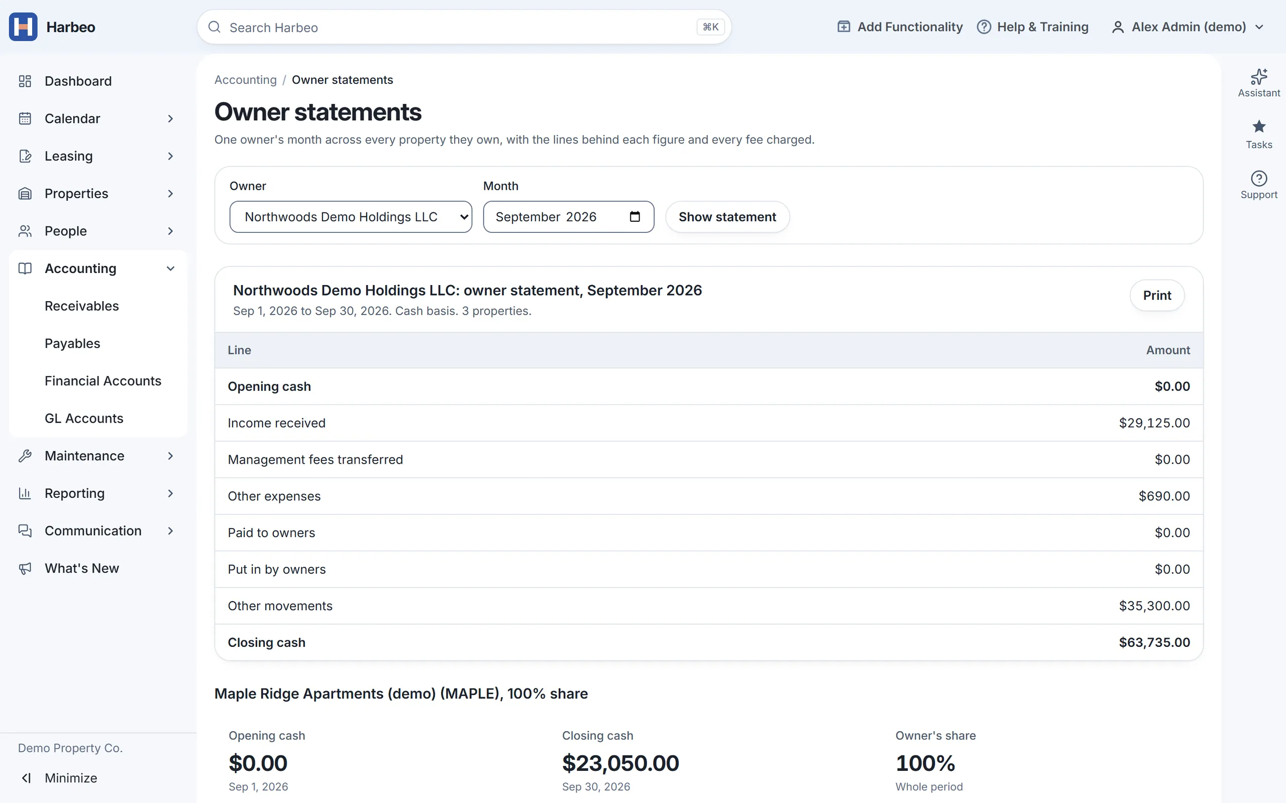 An owner statement with sample data: Northwoods Demo Holdings LLC for September 2026, income received $29,125, other expenses $690 and closing cash $63,735.