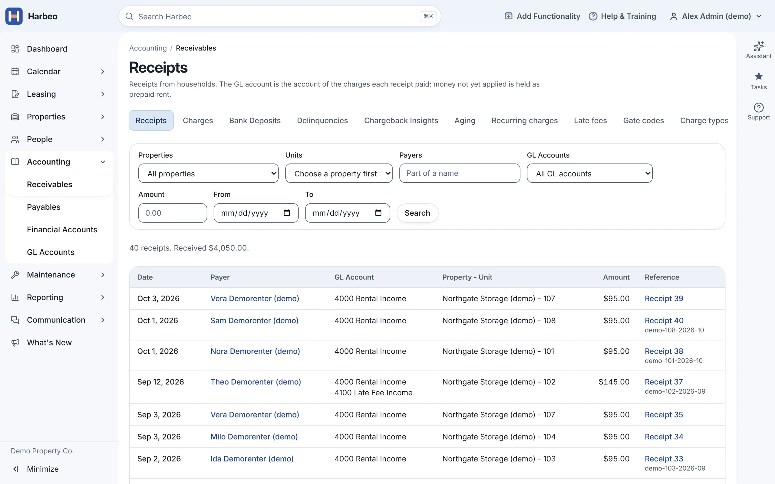 The receipts list with sample data: 40 receipts totalling $4,050, each with date, payer, GL account, property and unit, amount and receipt number.