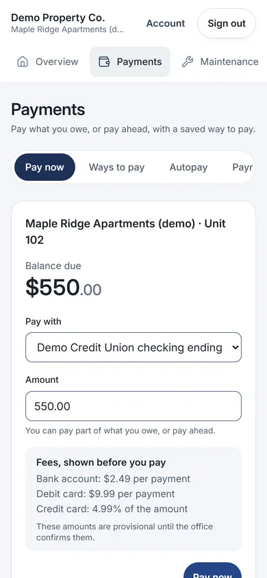 Paying rent on a phone with sample data: balance due $550 from a saved checking account, with the bank, debit and credit card fees shown before paying.