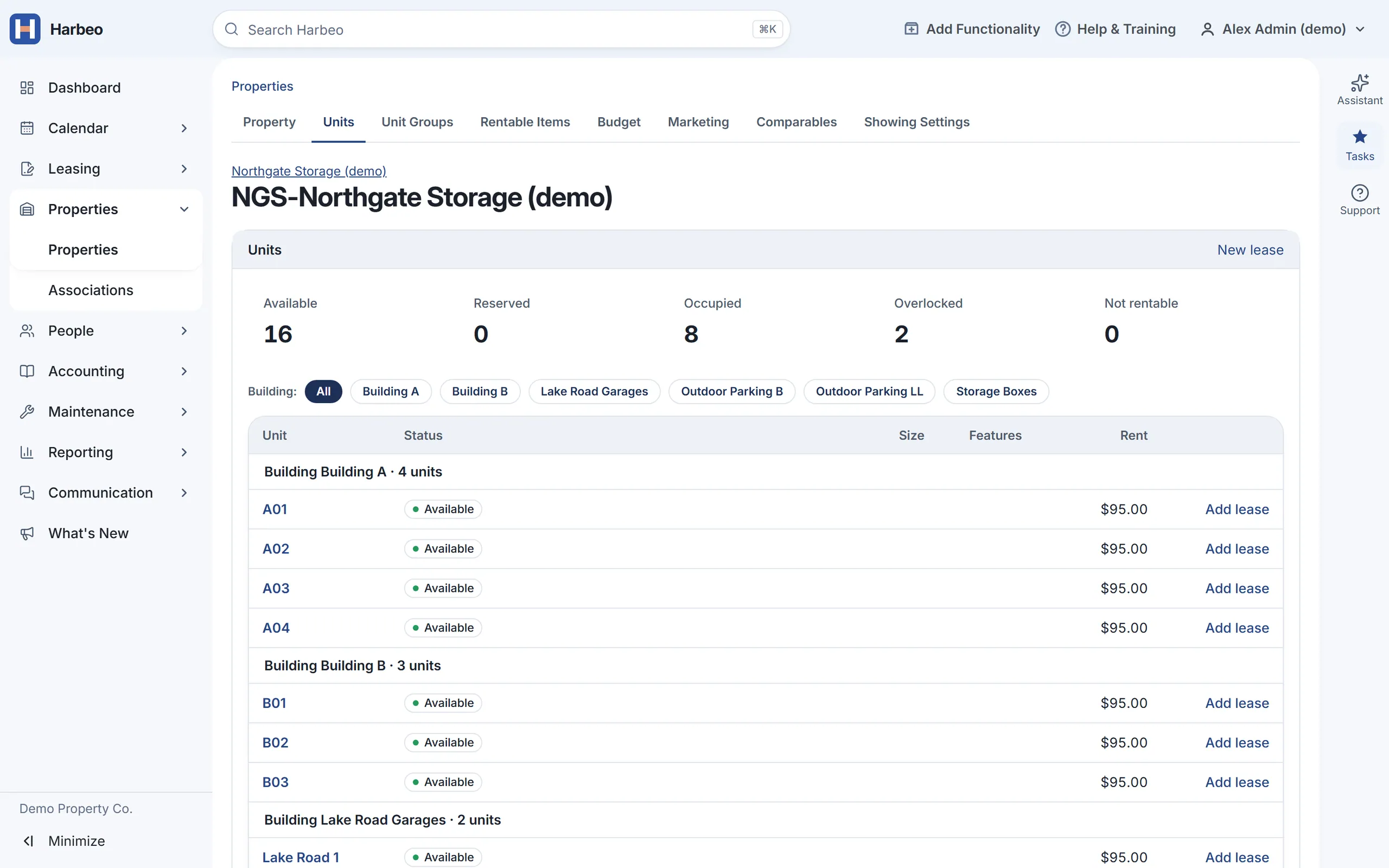 The storage units board with sample data: 16 units available, 8 occupied and 2 overlocked, each unit card with its number, size and monthly rent.